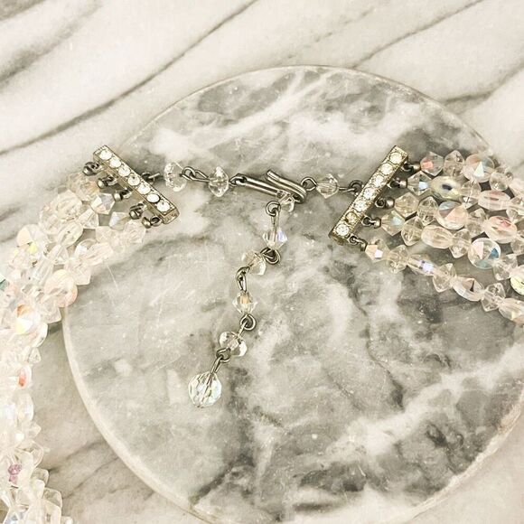 Vintage AB Crystal Necklace Clear Iridescent 5 Strand Layered Hook Closure - Picture 4 of 7
